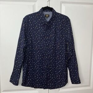 Lee Regular Fit Button Up Shirt Mens M Navy Leaf Novelty Print Office Casual‎